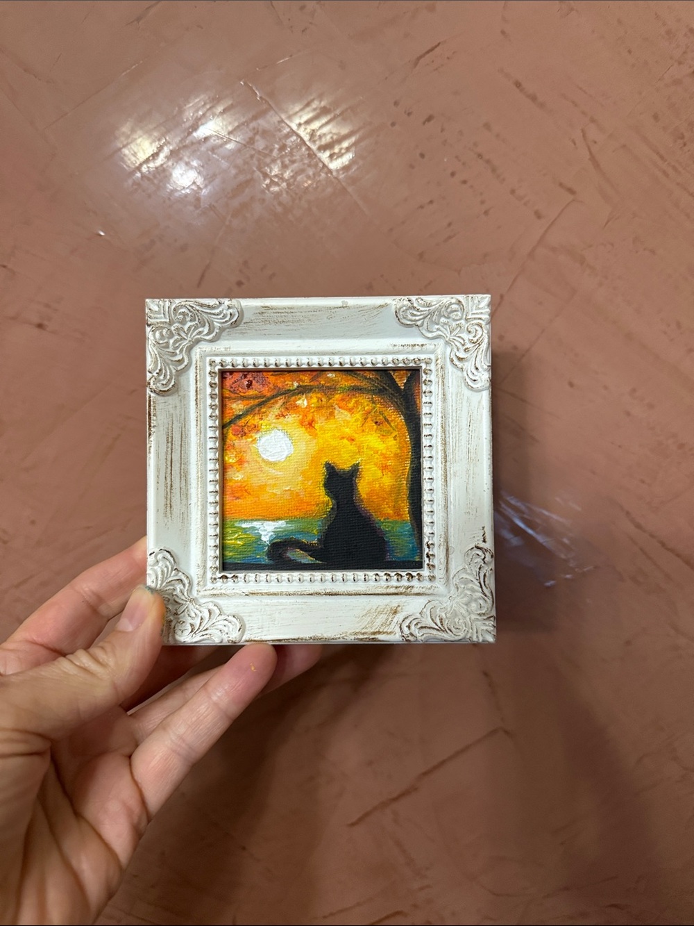 Hand-Painted Cat Sunset Canvas Wall Art – Orange and Black